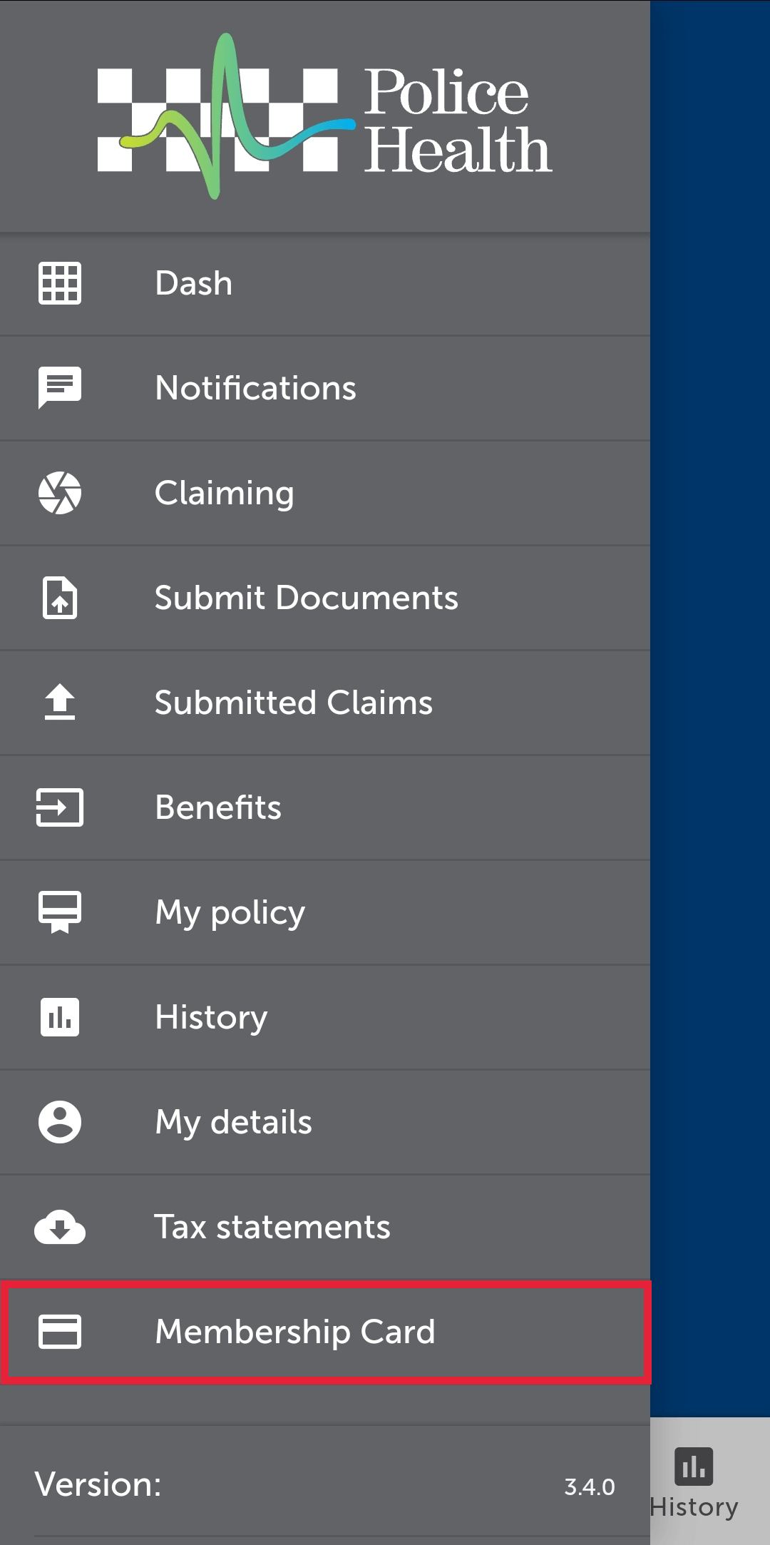 Police Health app menu screenshot